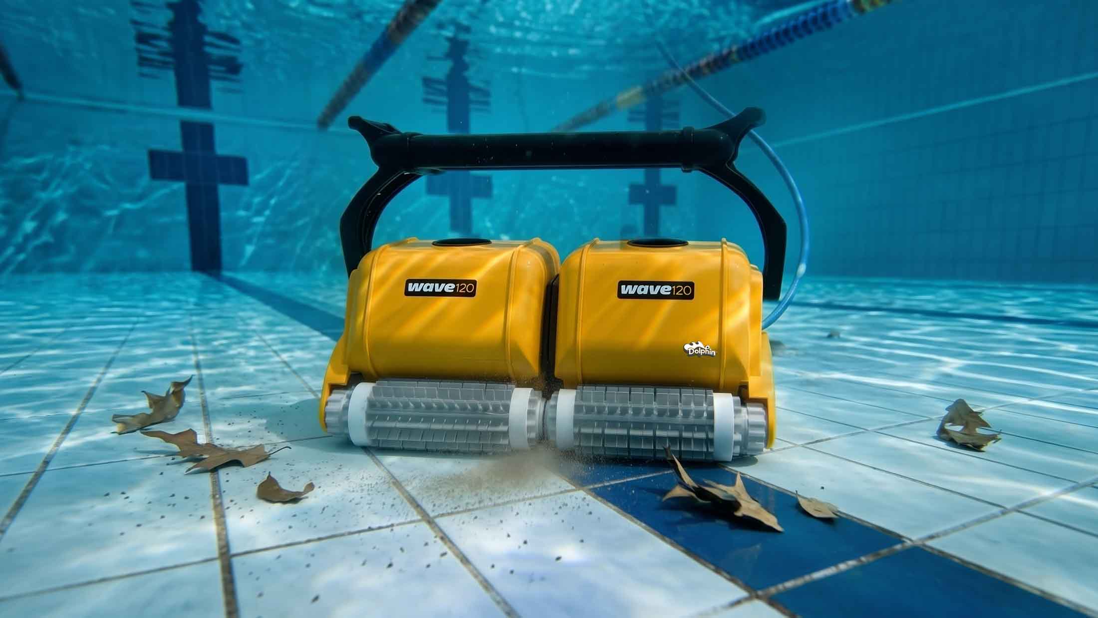 Dolphin Wave 120 commercial robotic pool cleaner on the floor of a competition pool