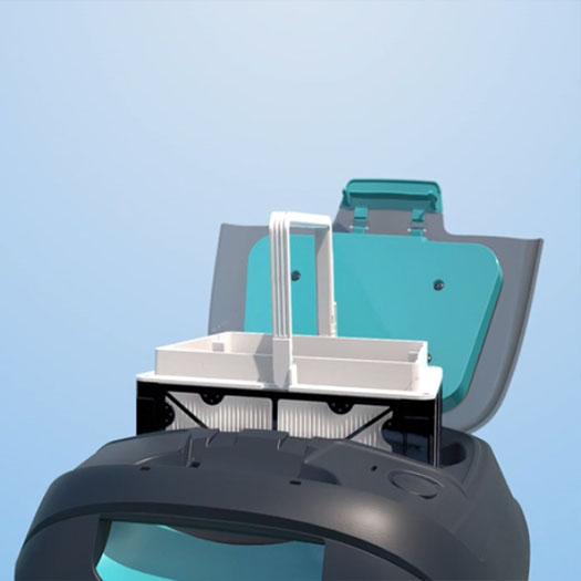 Dolphin Liberty 200 top-load filter basket with the lid open